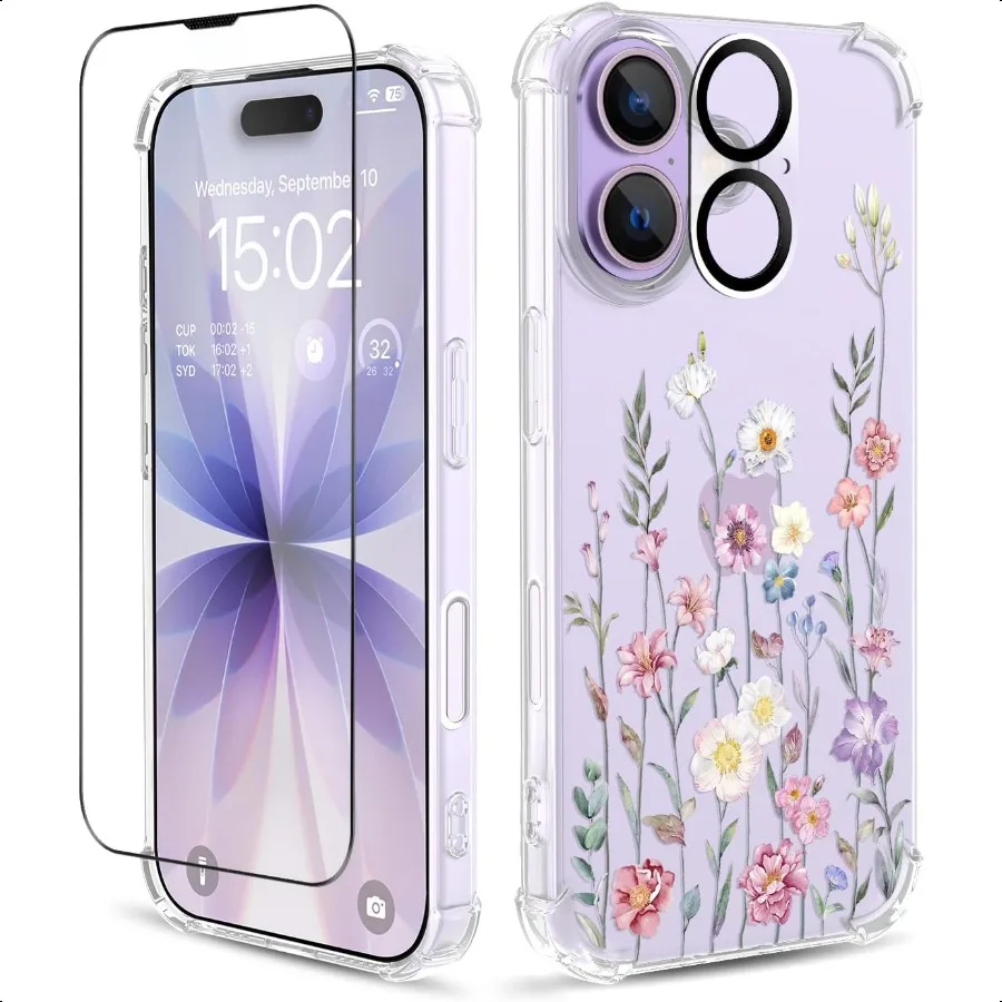 

Чехол для iPhone 17, инновационный 1] с защитной пленкой для экрана, защитная пленка для объектива камеры, цветочный узор, прозрачный, мягкий, противоударный, тонкий, с цветочным принтом