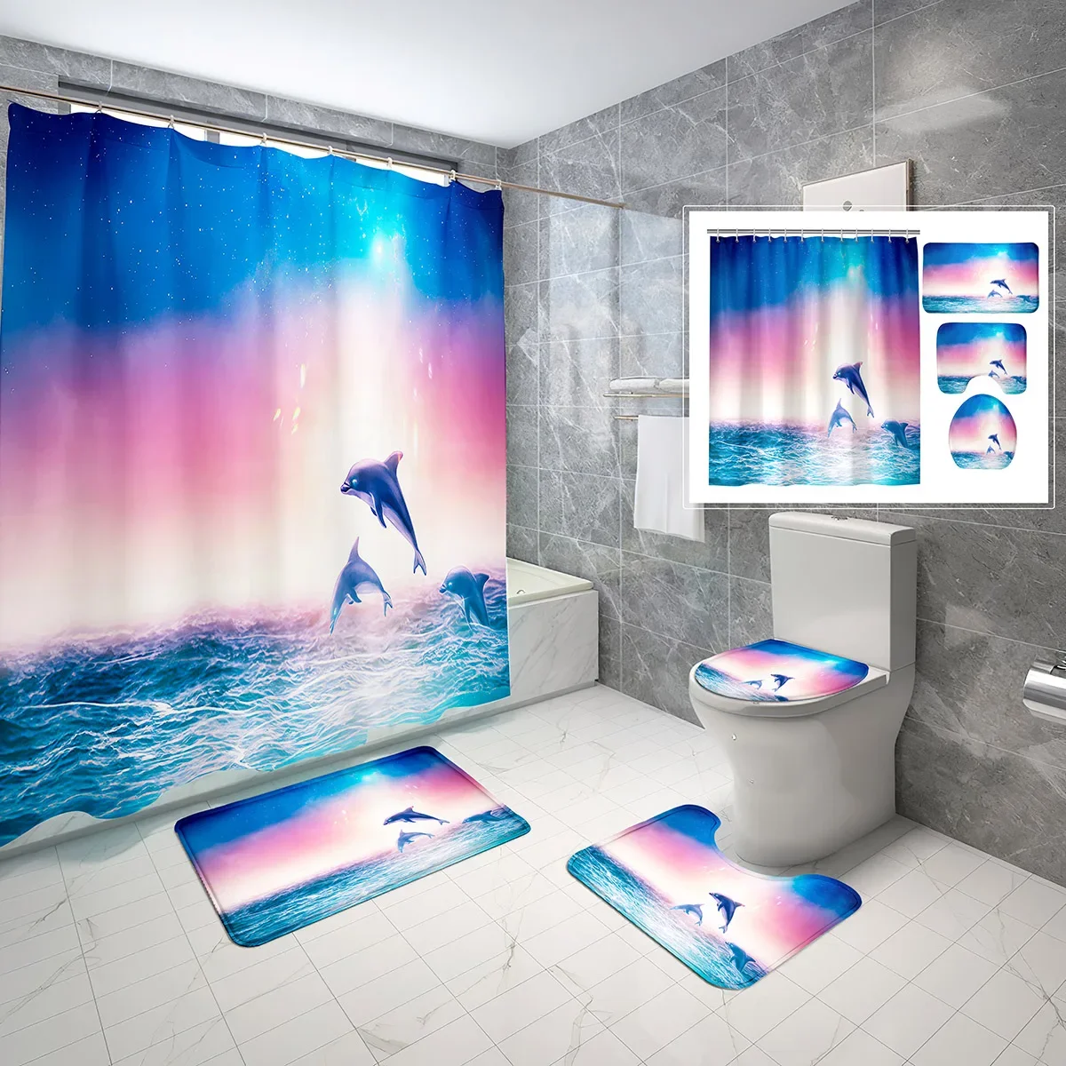 

Fantasy Dolphin Shower Curtain Sets 4 Pcs Sea World Marine Life Non-Slip Bath Mat Toilet Cover Waterproof Shower Curtain Set