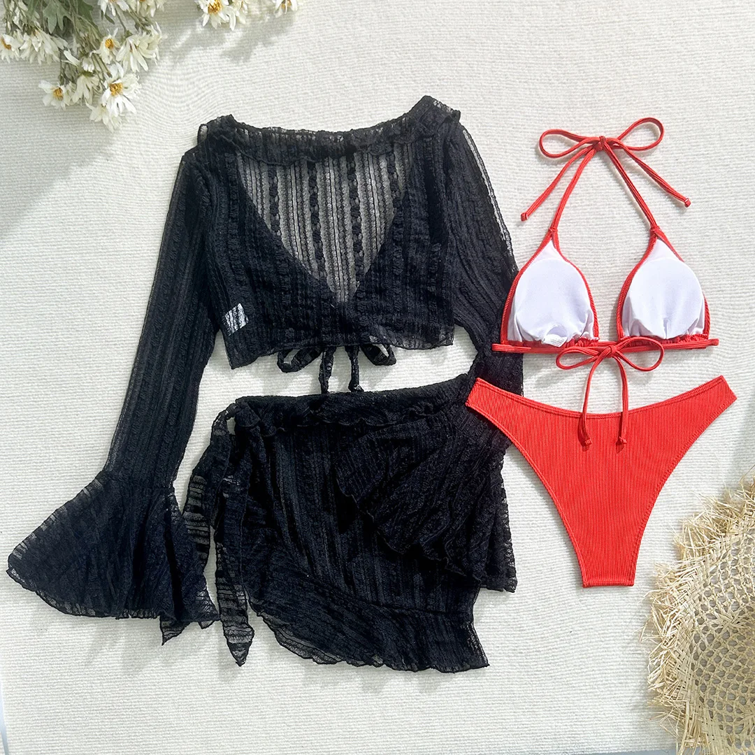 10 Farben, mit Sarong, langärmeliges Bikini-Oberteil, Damen-Badebekleidung, Damen-Badeanzug, vierteiliges Bikini-Set, Badeanzug, Badebekleidung, Modell V6338E. – Detail 40