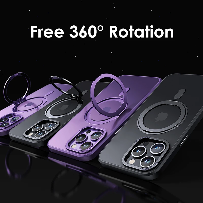 Magnetic Phone Case with Ring Holder, Frosted Transparent Cover, 360 ° Rotation Stand, iPhone 17, 12, 13, 14, 15, 16 Pro Max, 16