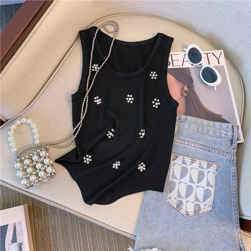 Pearl Diamonds Beaded Sweater Vest Crop Tops Women Korean Sexy Elegant Stylish Knitwear 2024 Summer Sleeveless O-neck Jumpers