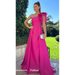 Cathy Elegant One Shoulder A-line Prom Dress 2024 Fuchsia Satin Vestidos De Fiesta Sexy Sleeveless Maxi Party Dress