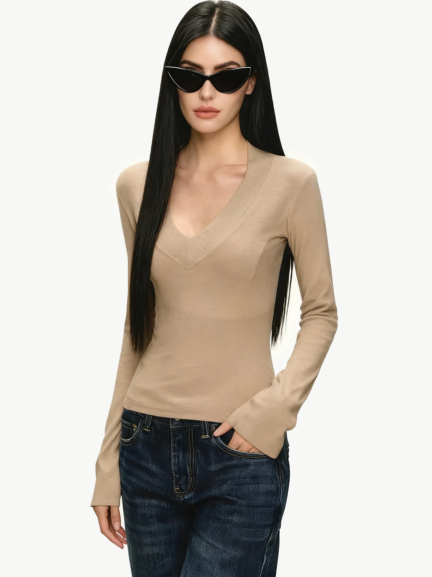 

Женская длинная футболка JYOOK с V-образным вырезом, однотонная, облегающая, базовая, для повседневной носки, весна-осень, сезонная мода