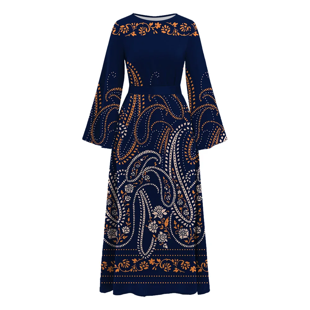 Muslim Abaya Women Islam Clothing Dresses Dubai Turkey 2024 Boho Print O-Neck Abaya Marocain Muslim Dresses Detachable Belt