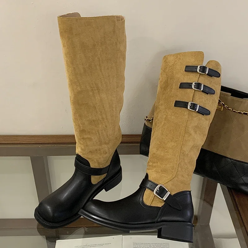 

Aneikeh Punk Style Square Low Heels Woman Knee-High Boots Designer Splicing Round Toe Shoes Autumn Winter Long Booties