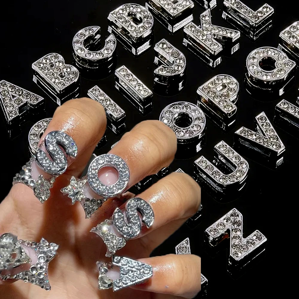 26pcs 3D Metal Bright Silver Mix 26 Alphabet Nail Decoration Alloy English Letters Nail Art Charm DIY Letters Manicure Accessory