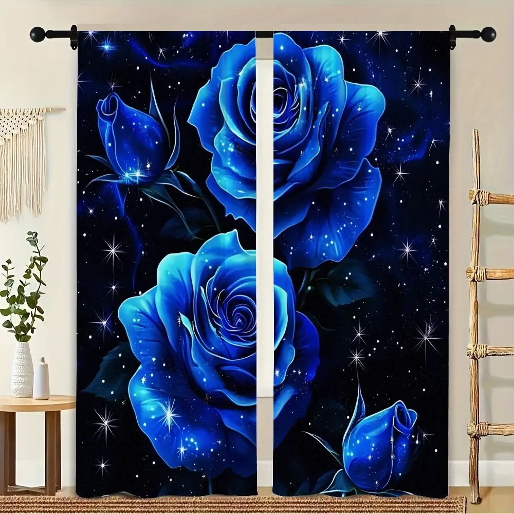 2Pcs Curtain Four Vibrant Blue Roses Window Drapes For Bedroom Living Room Decoration Window Treatment.