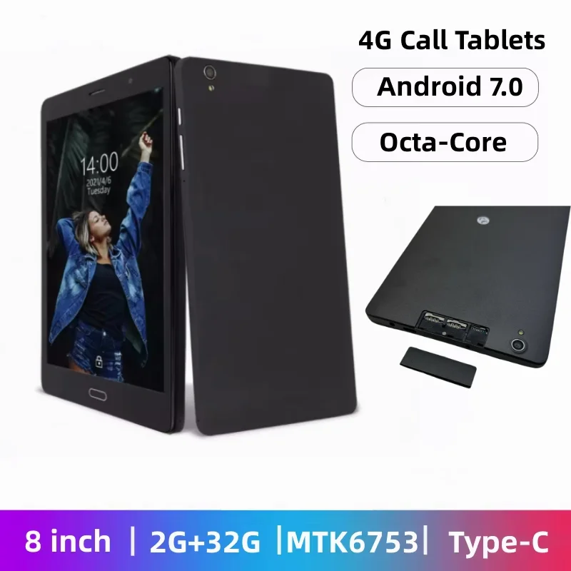 Gorąca sprzedaż 8-rdzeniowy 8-calowy tablet telefoniczny 4G Android 7.0 MTK6753 1280 x 800 pikseli Podwójny aparat 2 GB Ram 32 GB Rom Tablety PC