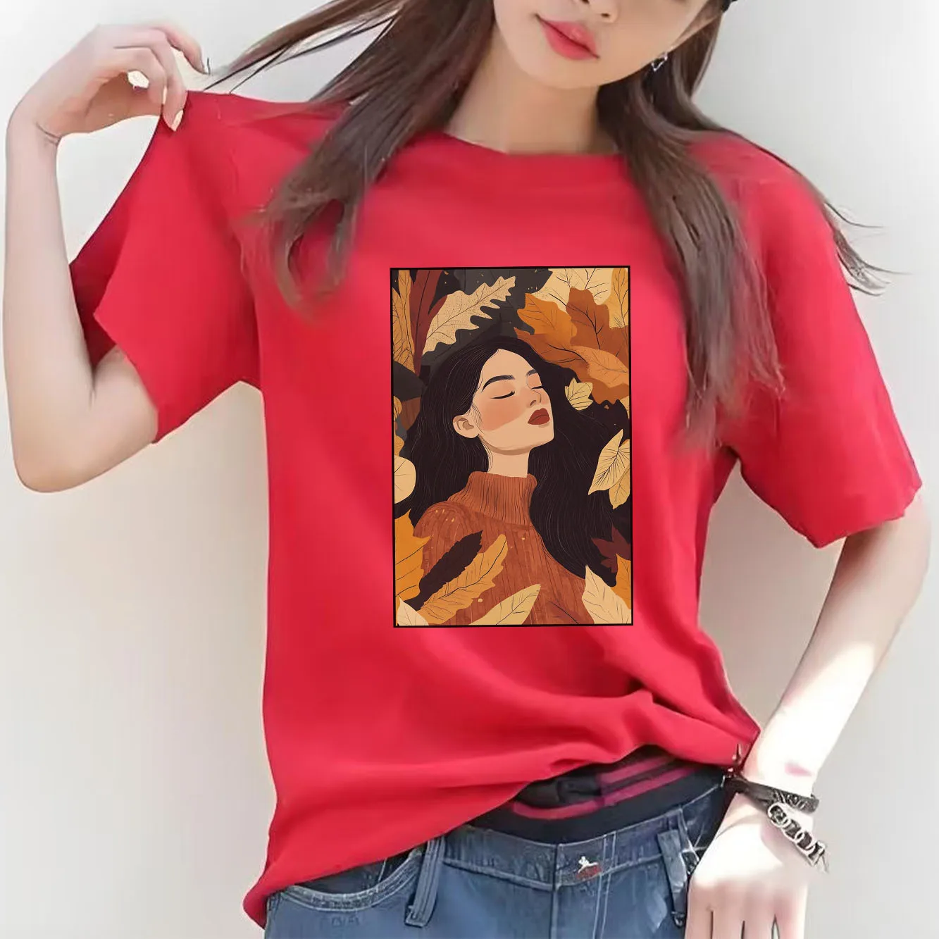 

New Fashion Beauty Printed T-shirt Oil Painting Style Casual Short Sleeve Fashion Versatile Women's T-shirt