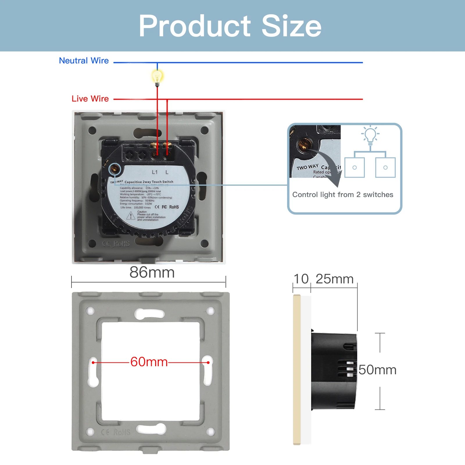 BSEED 1/2/3Gang Touch Light Switches Glass Panel 2Way Wall Switches Home Led Power Switches Blue Backlight EU Standard Sockets