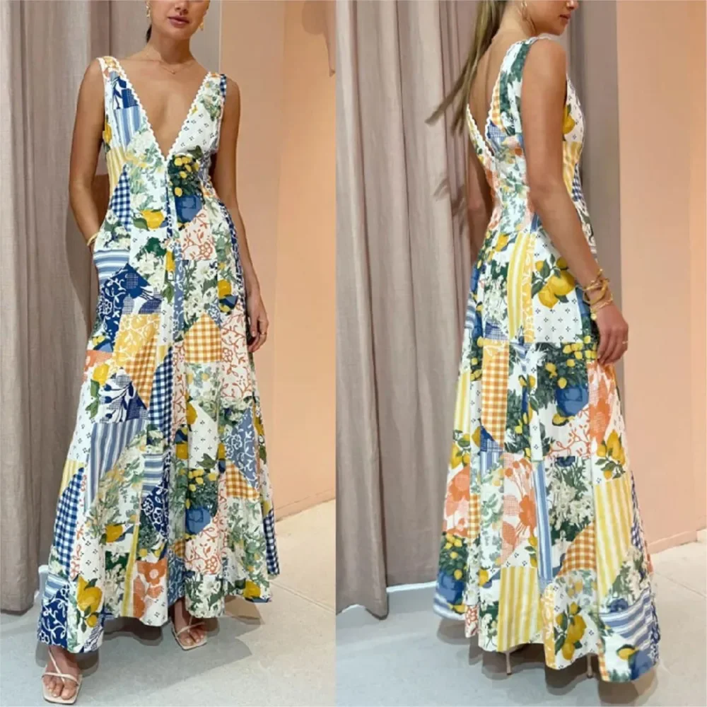 Cpsymym moda sexy profundo decote em v praia férias vestido de verão feminino impressão bolso sem mangas magro elegante feminino escritório dresse