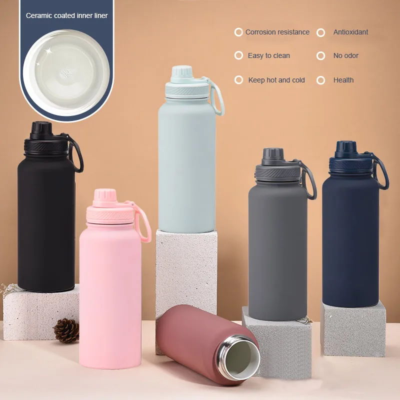 

1L Large Capacity THERMOS CUP With Handle,Ceramic Coated Inner Liner,Stainless Steel Vacuum Flasks,Gift,Wide Mouth WATER BOTTLE