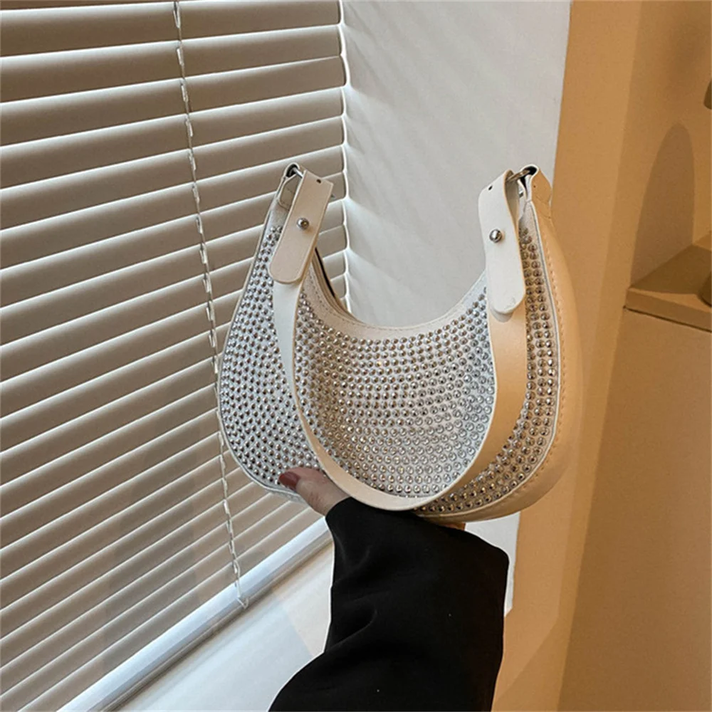 Women Underarm Shoulder Bags Fashion PU Leather Rhinestones Handbag Casual Solid Color Small Handle Bag Female Shoulder Bags