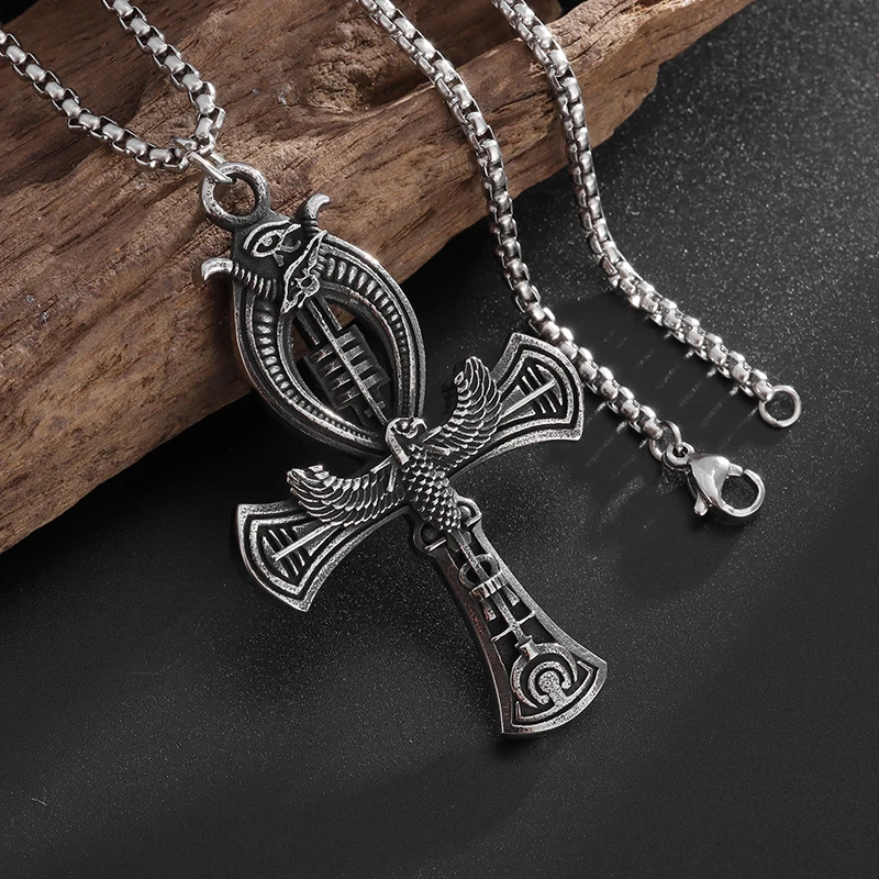 Vintage Anka Bird of Life Key Cross Necklace Eye of Horus Patronus Pendant for Men Personality Fashion Pharaoh Amulet Jewelry