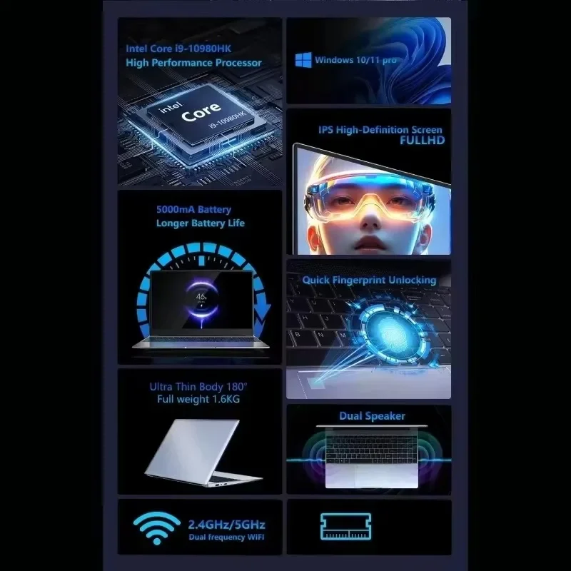 2026 NEW Intel Core I9-10980HK 15.6 Inch Backlit Keyboard Fingerprint Unlock Notebook Laptop Office Study Gaming Computer PC