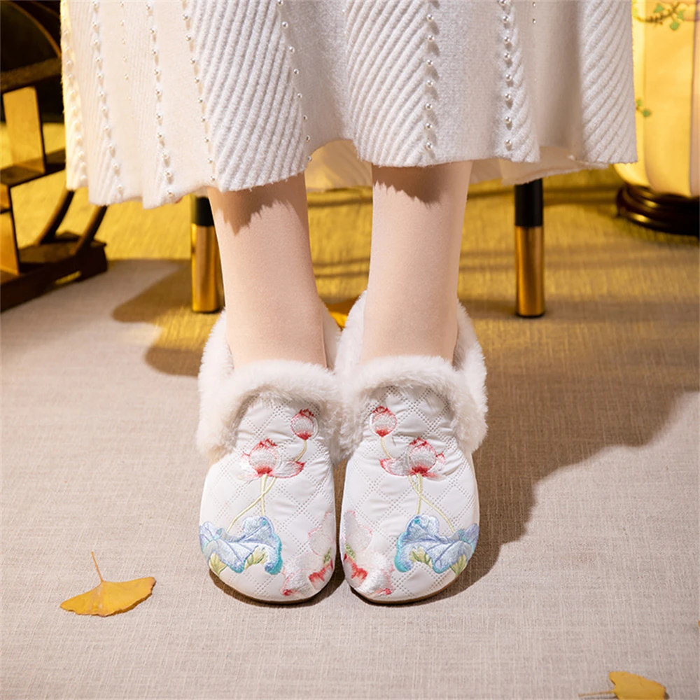 Autumn Winter Retro Plush Embroidered Lotus Shoes Fashion Outer Home Heel Cover Cotton Slippers Women's Plus Velvet Indoor Flats