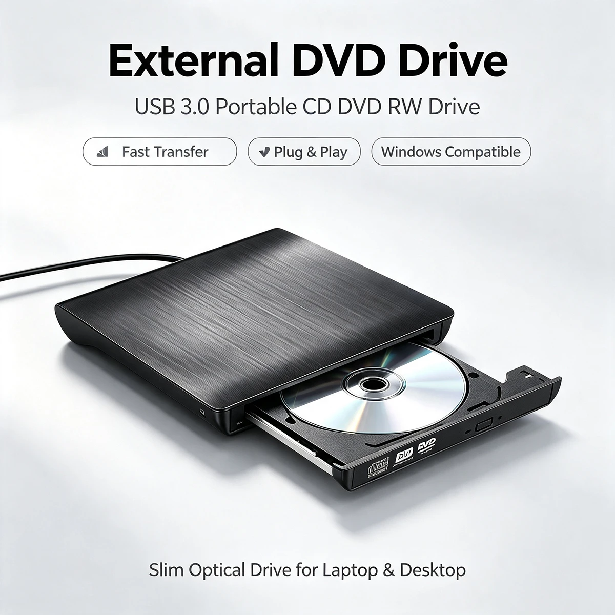 External CD DVD Drive USB 3.0, Portable Optical Disc Burner with Cable Storage, Plug & Play for Laptop PC Windows 11/10/8 Black