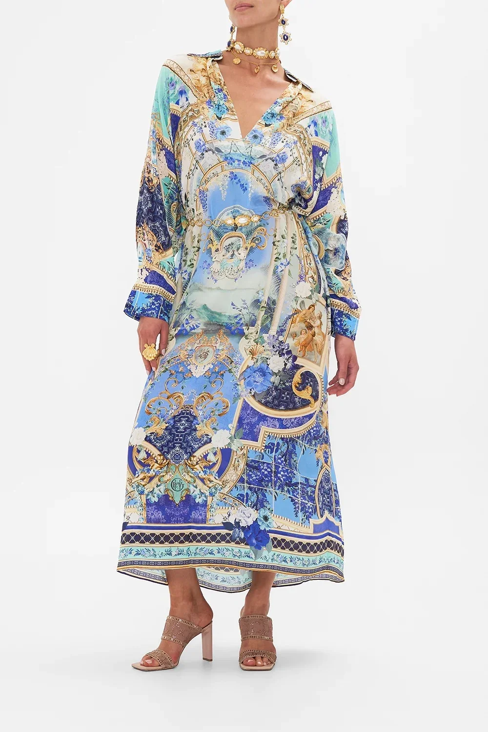 Women's Robe 2024 New Spring Summer 100% Silk Beaded Flower Printed Turn-down Collar Loose Vintage Long Sleeve Long Dress