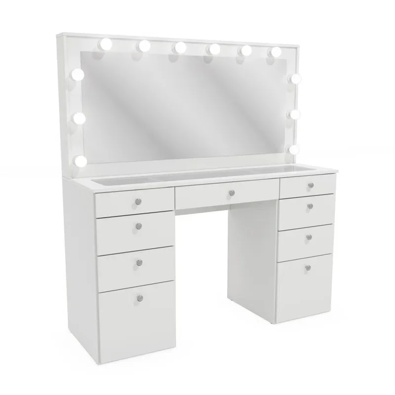 -Modern White Light Led Bulbs Mirror Glass Drawer Dressing Table Makeup Vanity Dressing Bedroom Storage Drawers Charging Station