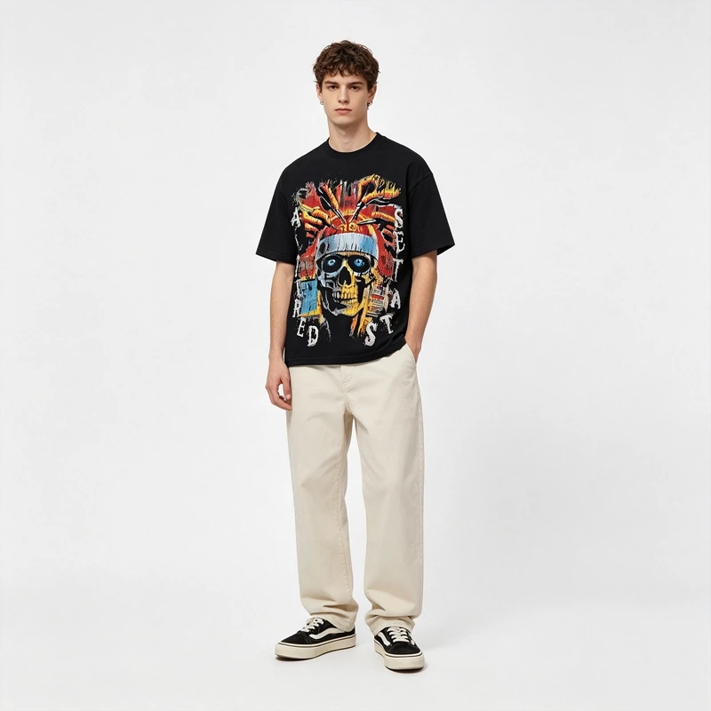 Hip-Hop Streetwear Lustiges Skelett-Grafik-T-Shirt für Männer Vintage Schwarz Gewaschenes Strass-Tee Übergroßes Baumwoll-Shirt im Used-Look – Detail 5