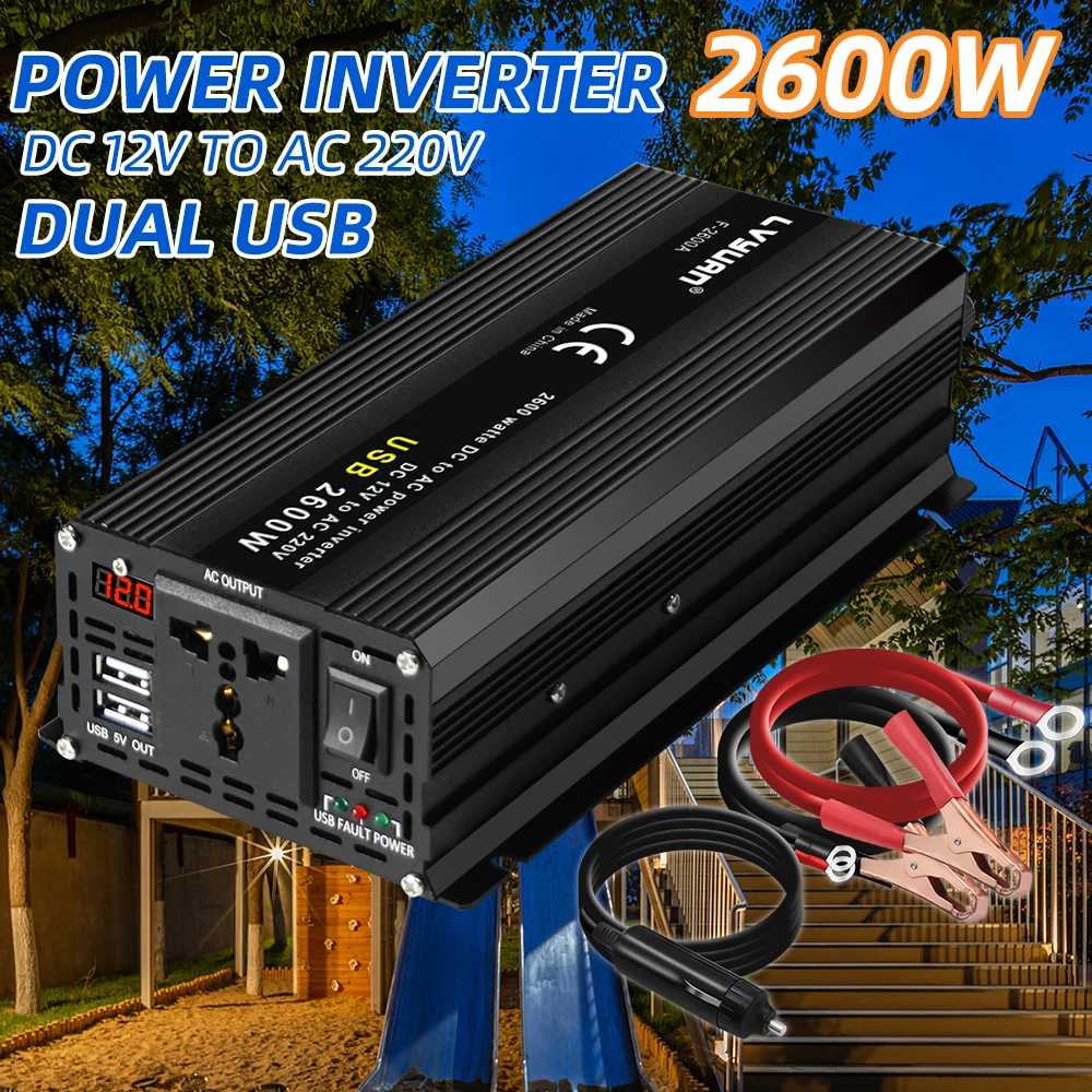 LVYUAN Inverter DC12V AC220V 1500W/2000W/2600W Car Converter Universal Socket LED Display travel Solar Energy Battery Inversor