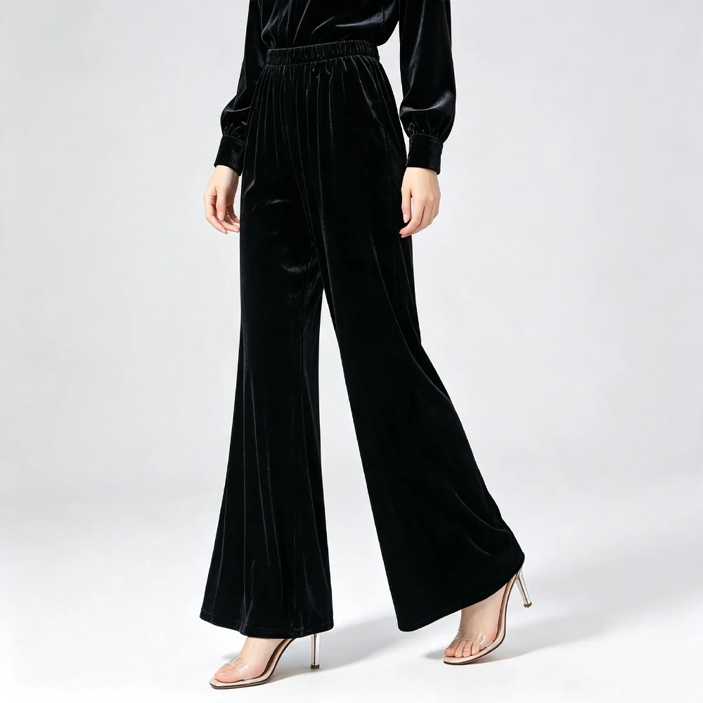 2026 Women's Fashion Autumn New Black 30% Natural Mulberry Silk Velvet Retro Elastic Waist Versatile Bell-bottom Trousers