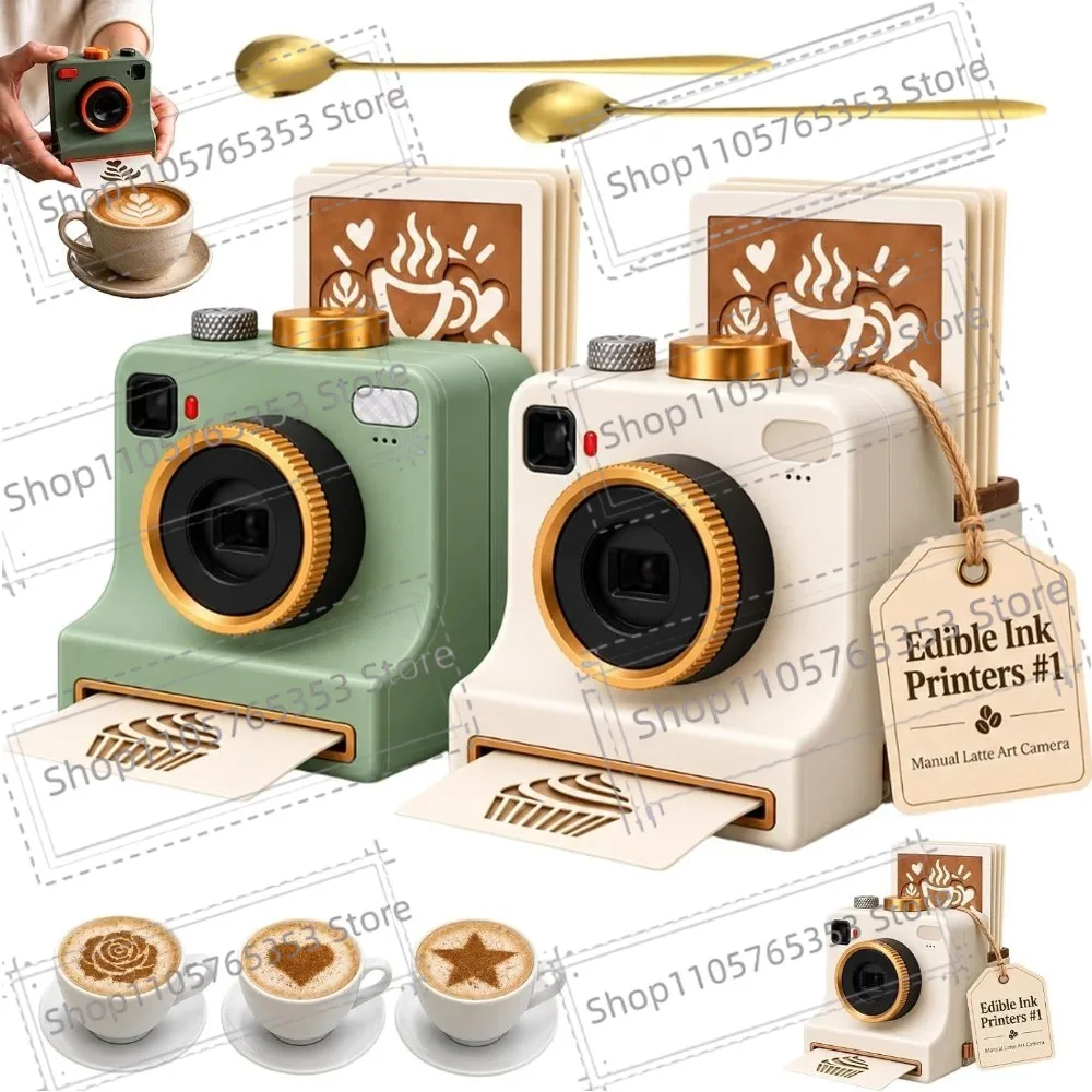 2026 3D Printed Latte Art Camera,One‑touch Coffee Printer Chocolate Foam Machine，Manual Printing Kit with Multiple Stencil Card