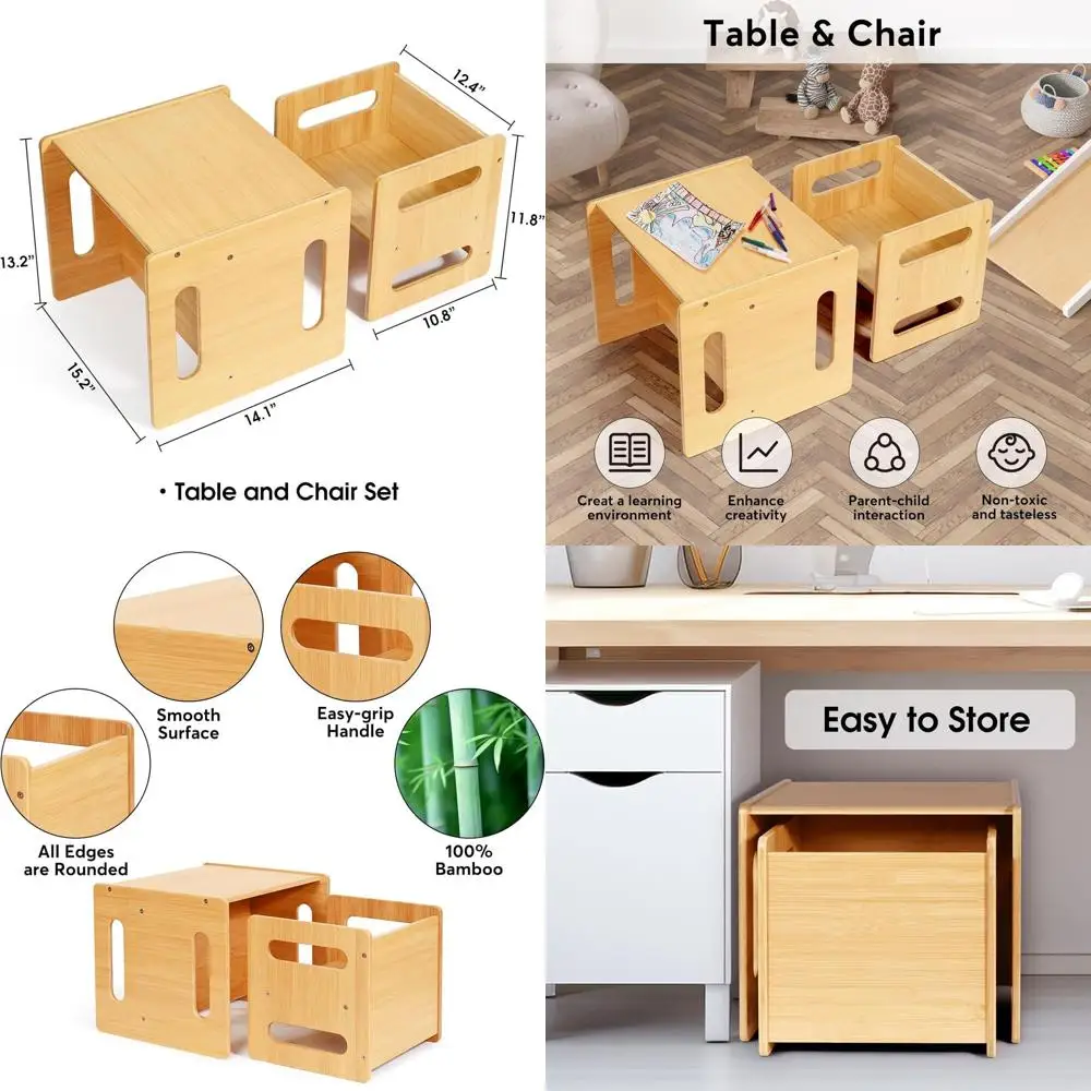 

Montessori-Style Bamboo Toddler Table and Chair, Natural Wood Learning Desk Set