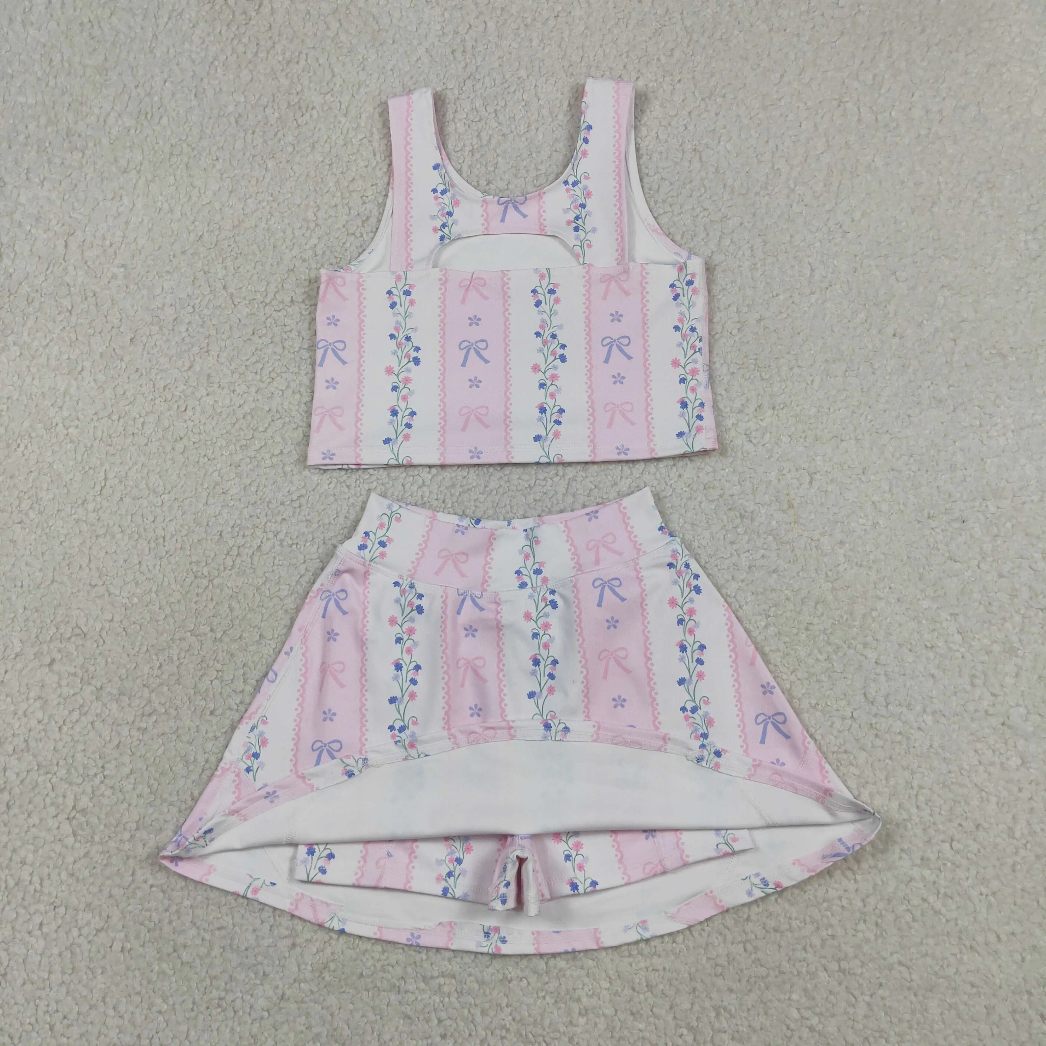 Wholesale Baby Girl Yoga Active Clothing Toddler Shirt Bows Ruffle Skirt Shorts Kids Skort Flower Set Athletic Summer Clothes