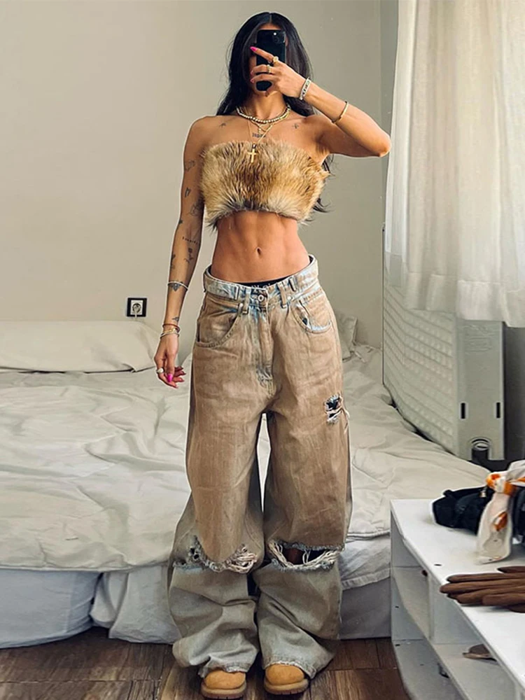 

Hip Hop Ripped Denim Pants for Women Low Waist Baggy Loose Dragging Jeans Distressed Holes Gothic Trousers Fashion Chic Elegant