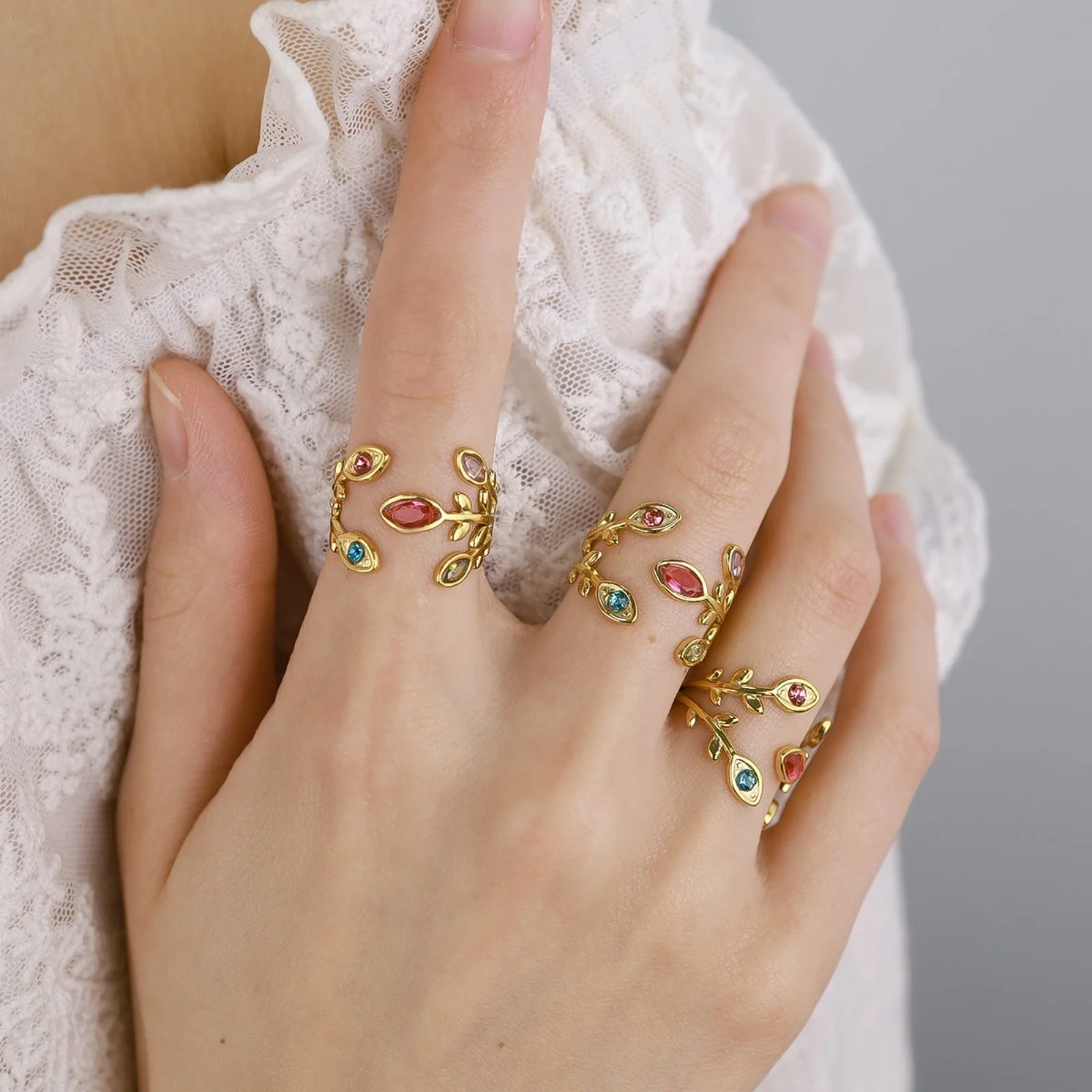 

Elegant French Style Rainbow Cubic Zirconia Leaf Open Ring 18K Gold Plated Stainless Steel Adjustable Band Rings For Women Gift
