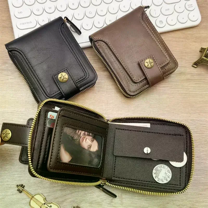 PU Leather Short Card Holder Purse Vintage Solid Color Men's Wallet Hasp Zipper Clutch Wallets Coin Purse For Men