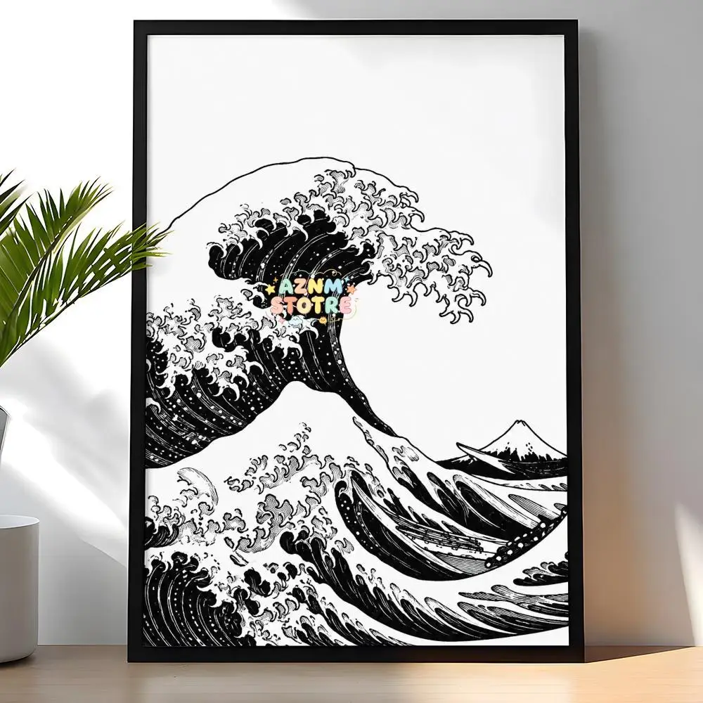 Japanisches Schwarz-Weißes Ozean-Ukiyo-e-Poster aus PVC, HD-Qualität, Selbstklebend, Modernes Poster für Zuhause, Büro, Wohn- und Esszimmer, Wanddekoration