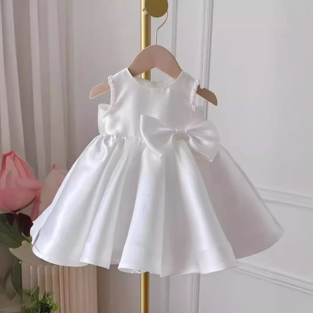 

New Children 1 st Birhtday Baptism White Princess Ball Gown Girls Cute Sleevelss Wedding Party Dress y1296