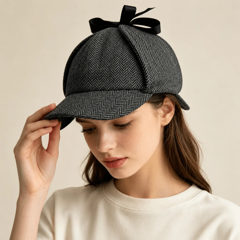 Vintage Striped Pattern Detective Cap Double-Cap Brim All Seasons Snapback Caps Ear Protection Cap Men