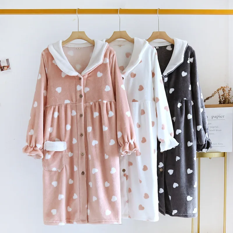 New autumn and winter women's nightdress flannel velvet thickened long sleeved large size love long skirt pajamas home clothes