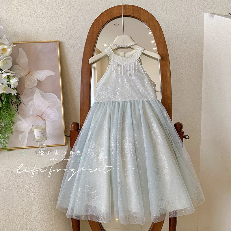 Girls' New Summer High-End Elegant Beaded Tassel Sleeveless Birthday Dress