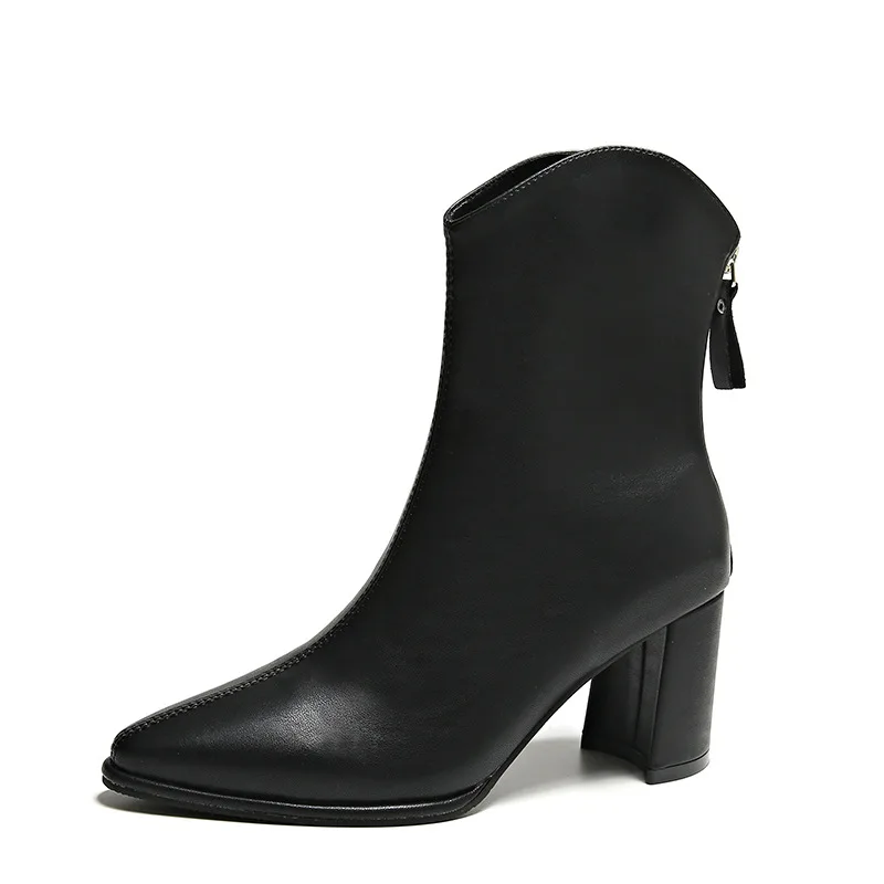 Fashion solid color pointed thick heeled boots autumn/winter 2023 rear zipper high heeled short boots distribution for women