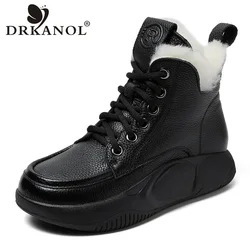 DRKANOL Fashion Women Snow Boots Genuine Leather Lace-Up Flat Platform Ankle Boots For Women Winter Natural Wool Fur Warm Shoes