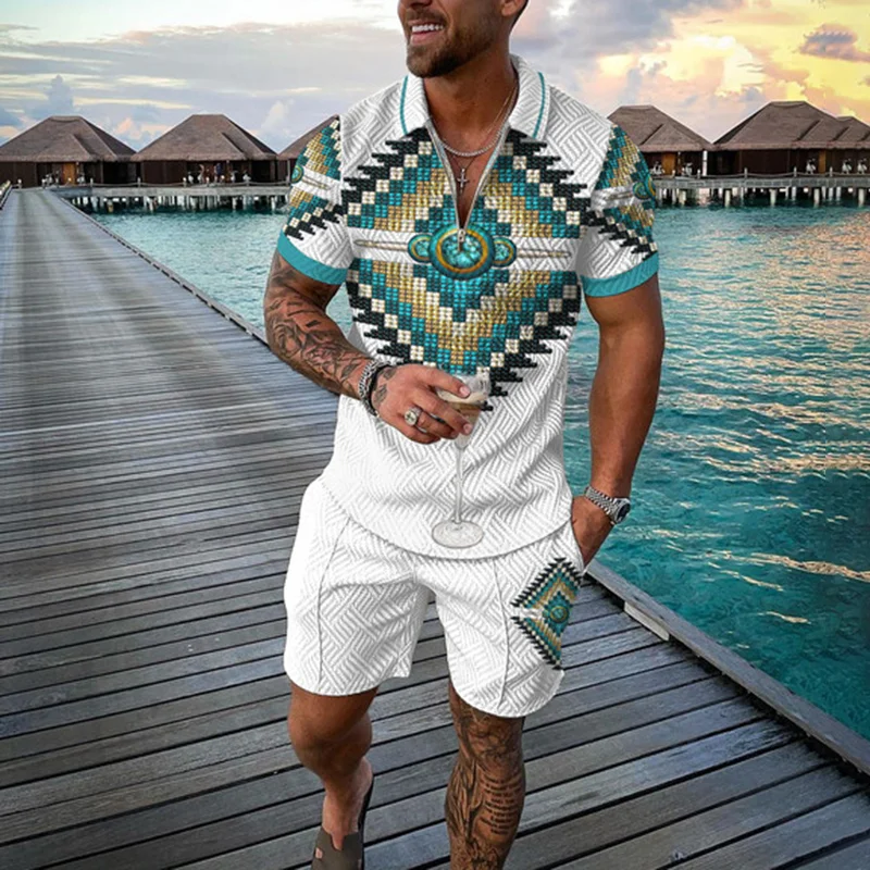 Zipper Polo Shirt Suit Shorts 2 Pcs Set Holiday Summer New Men 3D Printed Beach Style Streetwear Casual Clothing Oversize - Image 2