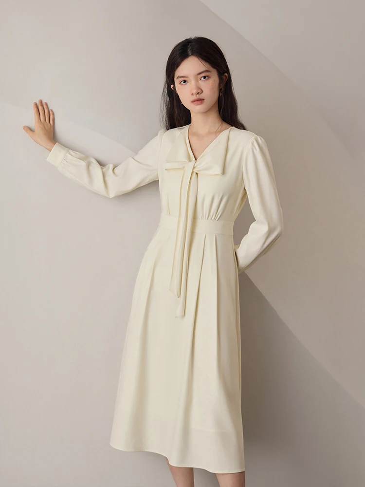 ZIQIAO Women Twill Solid Long Sleeve Dresses Office Lady Bow Neck Design Elegant Autumn Dress 2023 New Female A-LINE Skirts