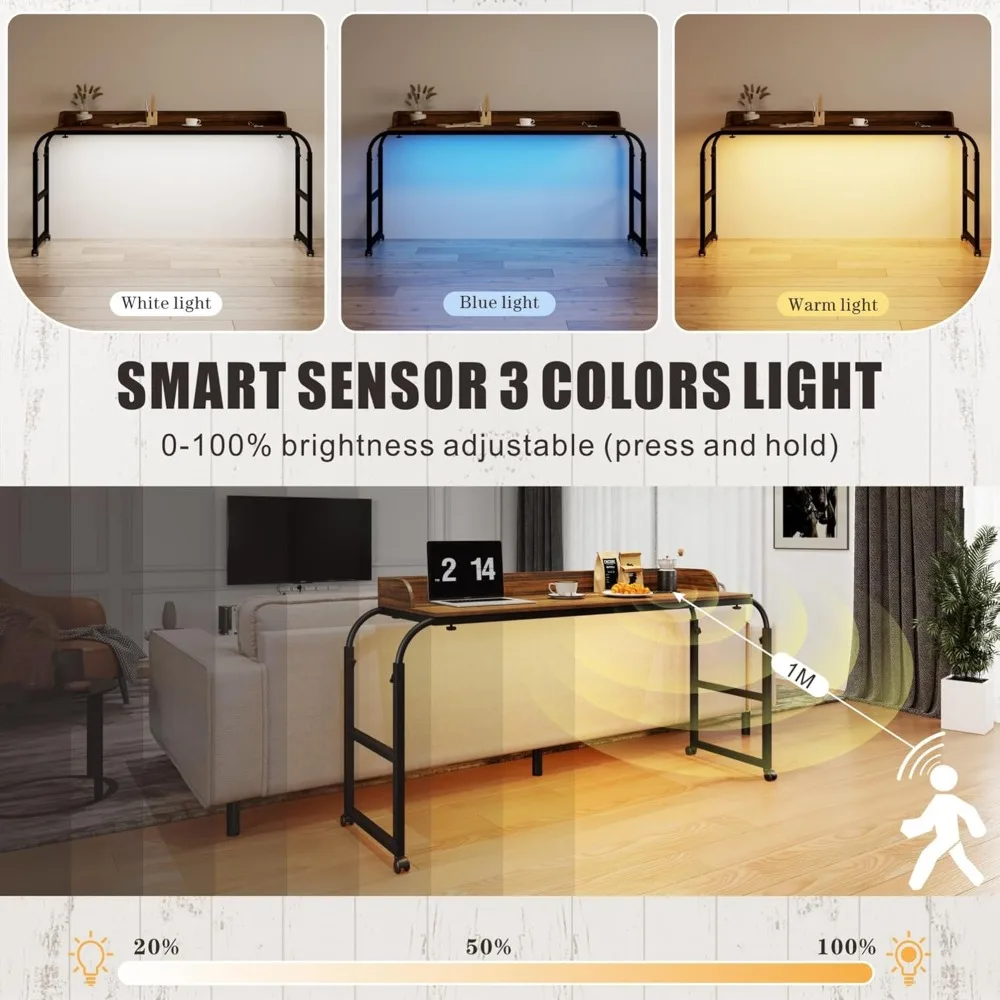 Tavolino letto regolabile in altezza e lunghezza con stazione di ricarica e luce a LED per letti queen size