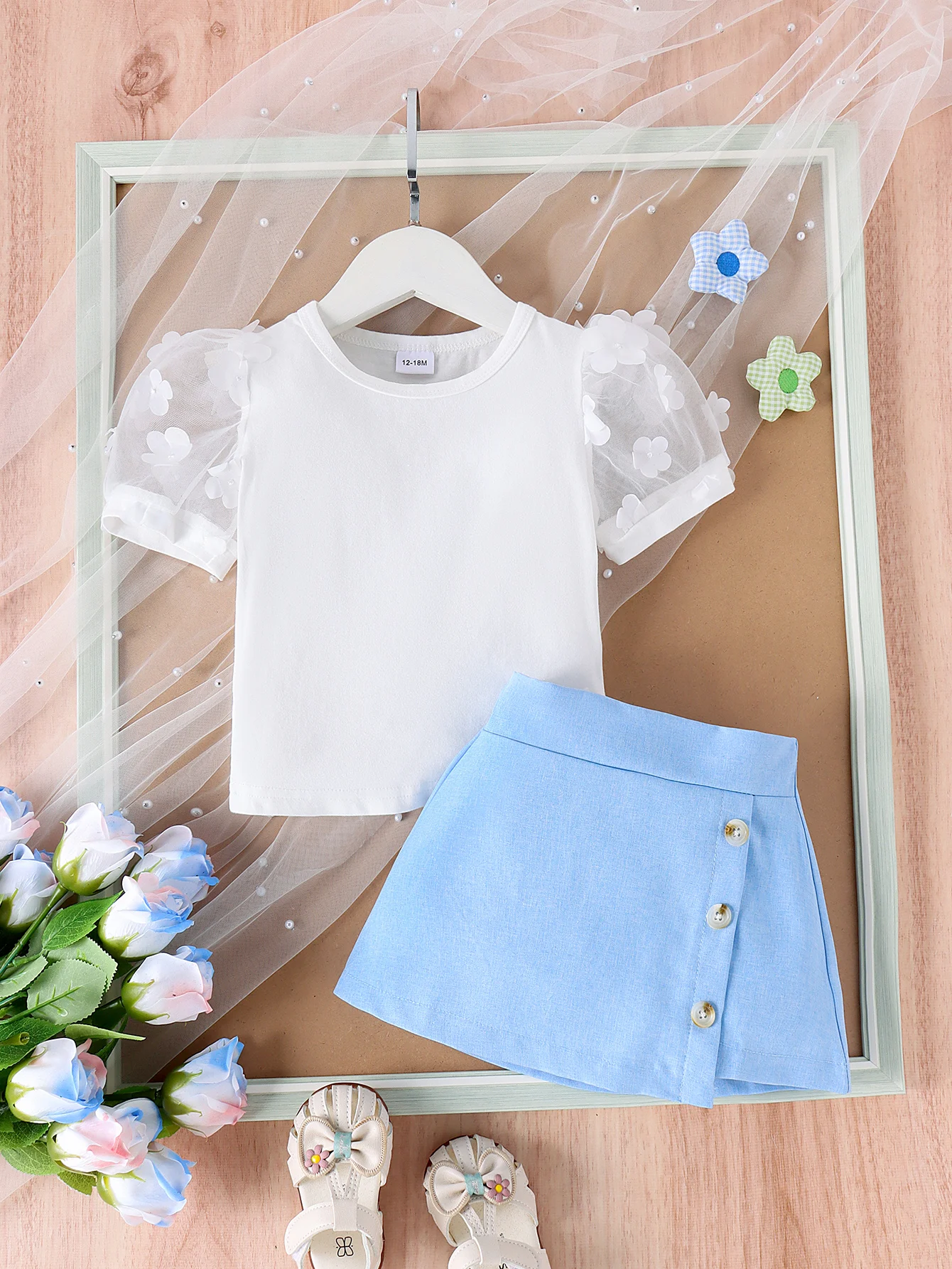 2PCS Summer new style 1-4 years old small and middle school girls simple and generous mesh sleeve top + blue skirt set