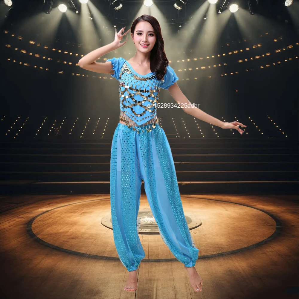 Damski kostium taneczny brzucha zestaw cekinowy krótki top + spodnie haremowe zestaw strojów orientalny taniec indyjski arabska bogini kostiumy na Halloween