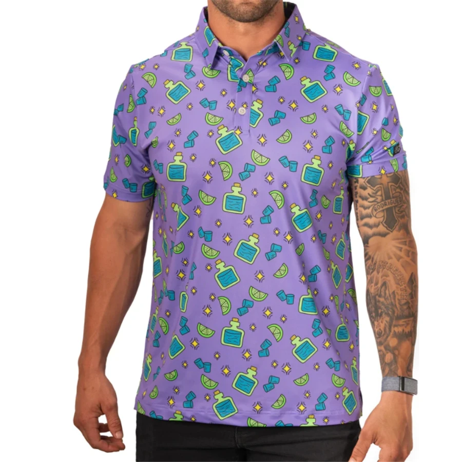 Summer Printed Floral Casual Golf T-shirt Men Outdoor Short Sleeve Quick Dry Breathable Clothing Lapel F4 Racing Polo T-shirt