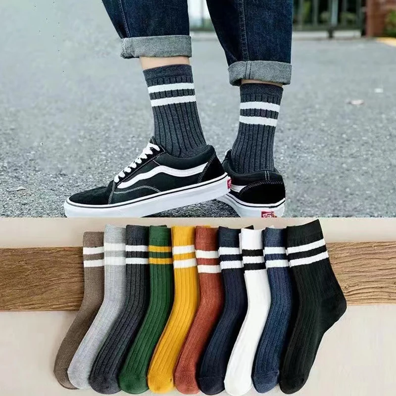 5 Pair Men's New Striped Casual Breathable Socks High Quality Harajuku Retro Socks Men's Cotton Socks