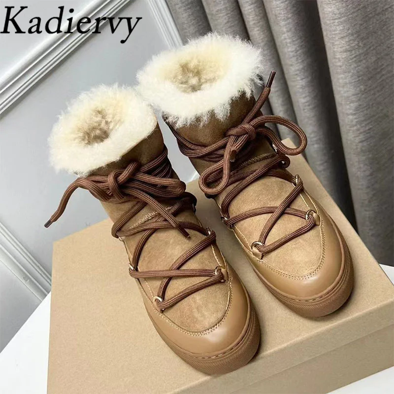 Winter Snow Boots Woman Round Toe Lace Up Short Boots Wool Warm Flat Shoes Women Cow Suede Patchwork Ankle Boots Women