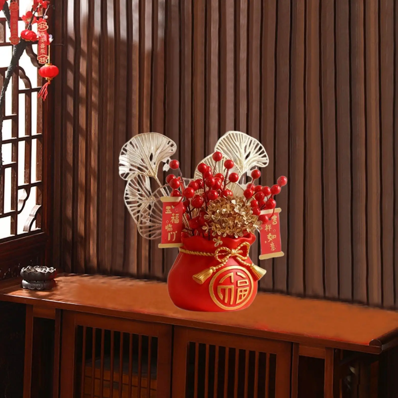Décoration du nouvel an lunaire chinois, personnage Fu Portable créatif, Branches de baies rouges artificielles en pot pour cadeau d'intérieur de ferme