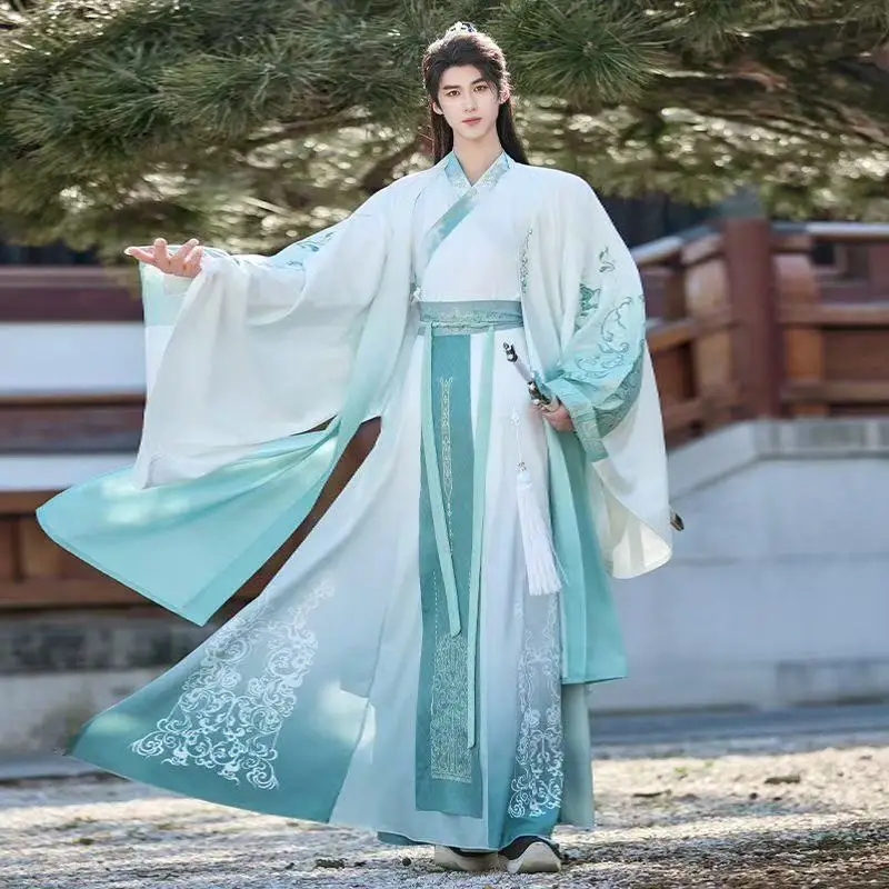 

Ancient Fairy Martial Hanfu Men's Traditional Chinese Clothing Weijin Period Cross Collar Printing Suit Vintage Stage COS Outfit