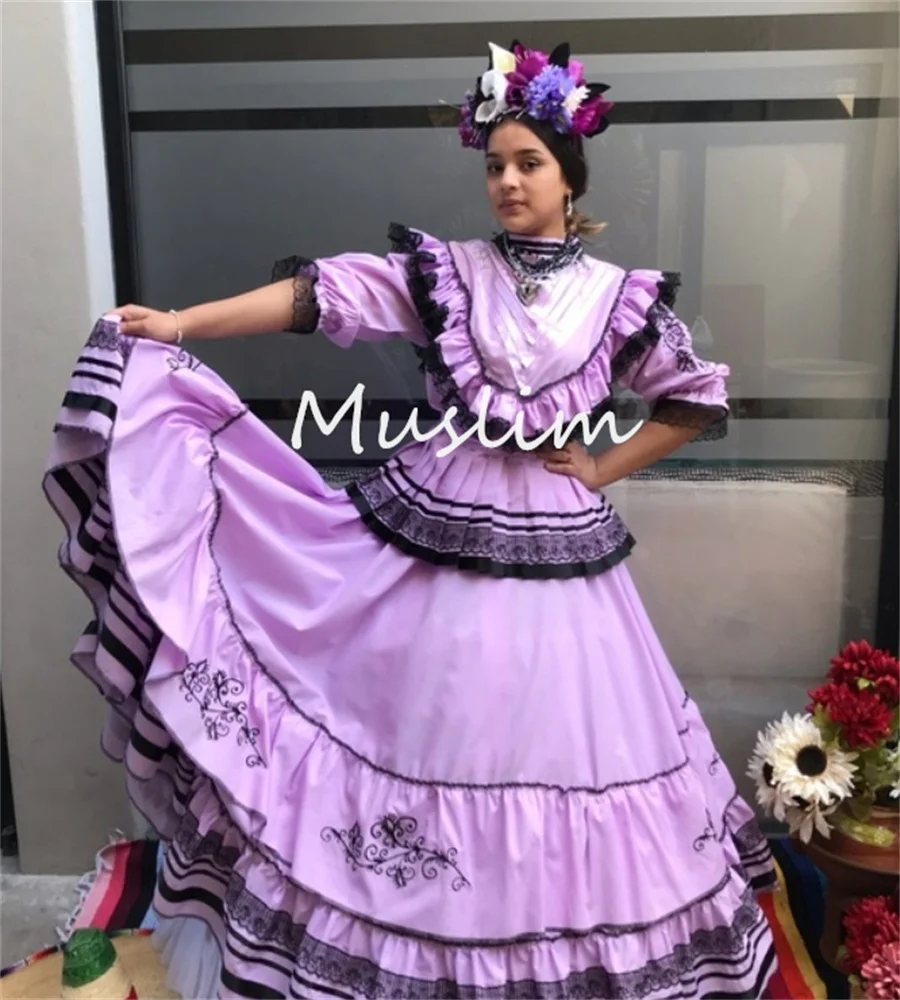 Traditional Light Purple Mexican Prom Dress With Sleeves Ruffles Costume Masquerade Jalisco Evening Dress Embroidery Customized